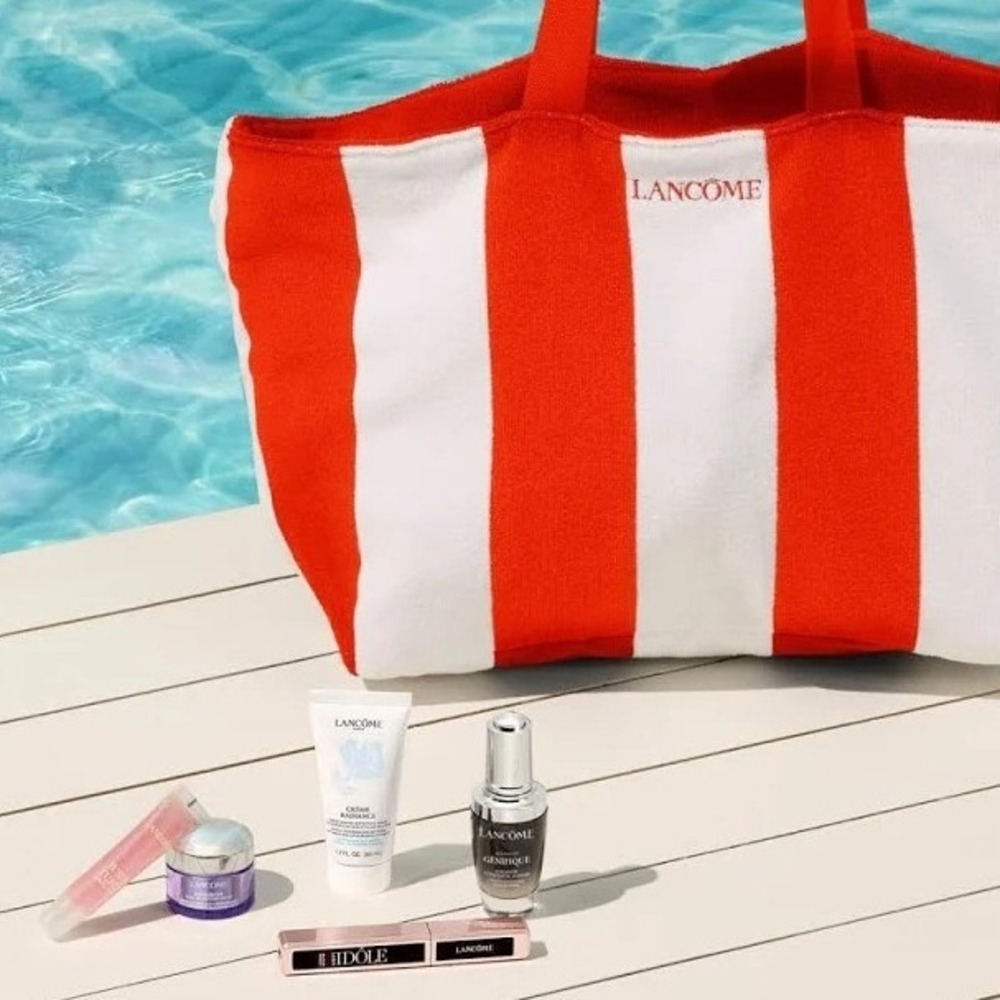 Lancome Paris Red White Striped Terry Cloth Beach Tote Bag Recycled Polyester